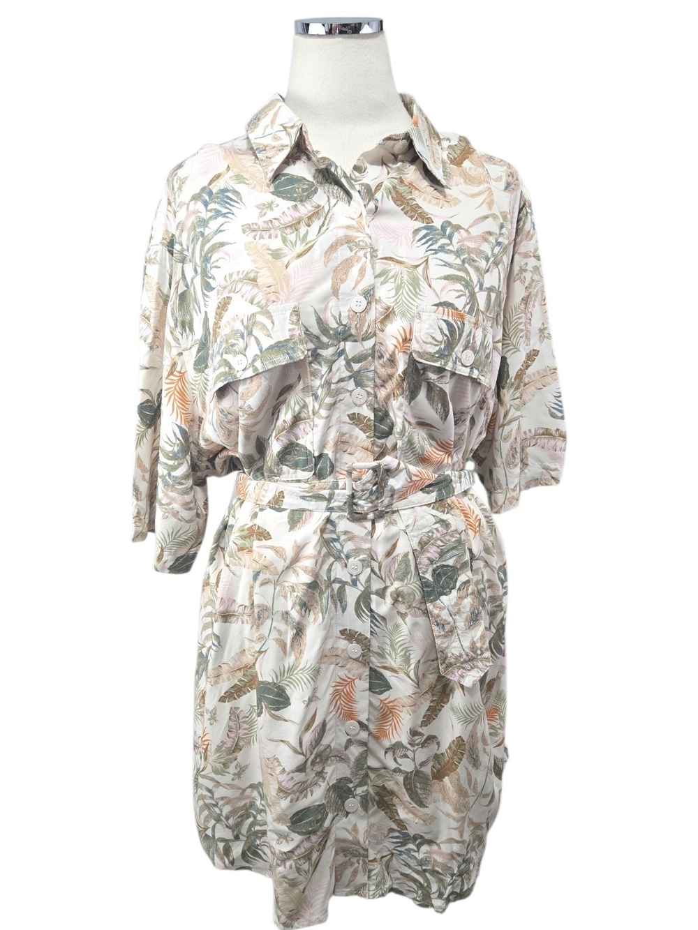 Olivaceous Tropical Palm Leaf Utility Shirt Dress L Green Belted Rayon NWT